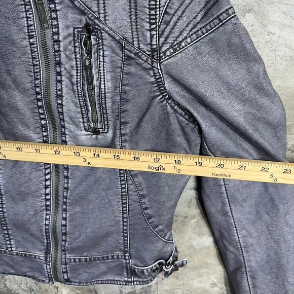 Vintage Jou Jou Distressed Cropped Grey Faux Leather Biker Bomber Jacket Size M - Picture 5 of 8
